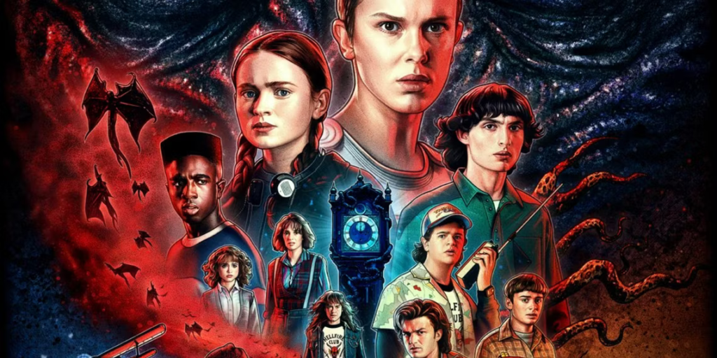 Drawn poster showing El, Max, Mike, Lucas, Nancy, Robin, Dustin, Eddie, Steve, and Will.